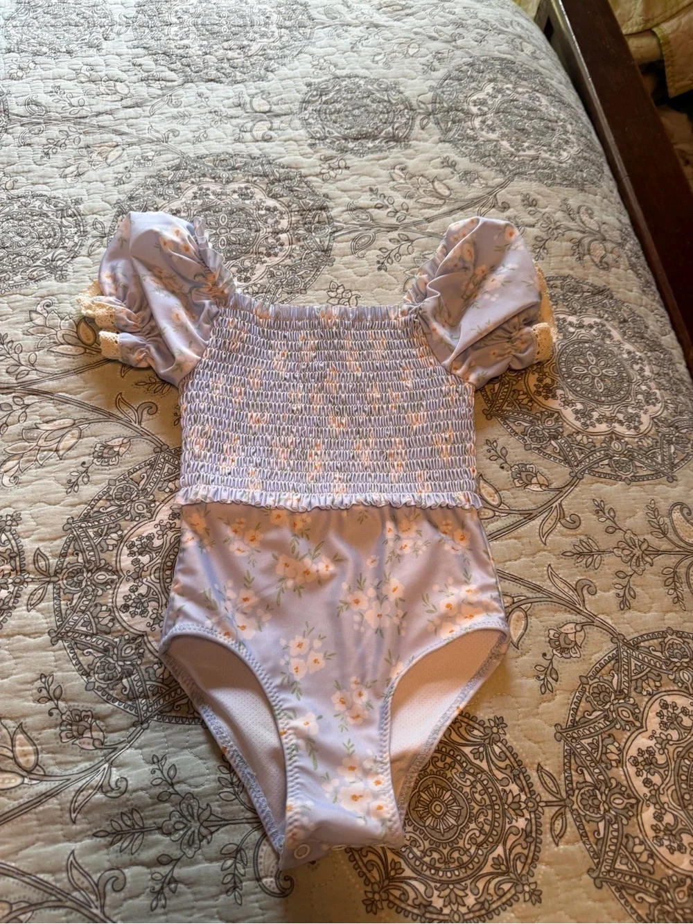 Kids Lavender Floral Smocked One-Piece Swimsuit 2 piece set, cover up & suit